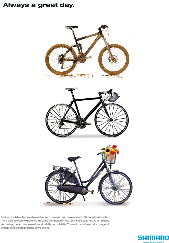Fahrradwerbung, in der Mitte drei Fahrräder übereinander, oben und unten Text