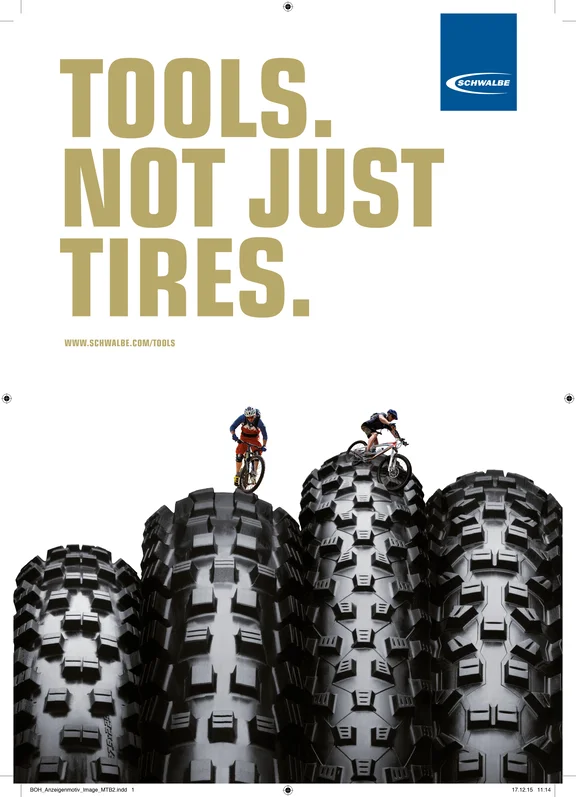 Werbung von Fahrradreifen, oben Text unten ein Bild von vier Reifen auf denen kleine Fahrradfahrer fahren