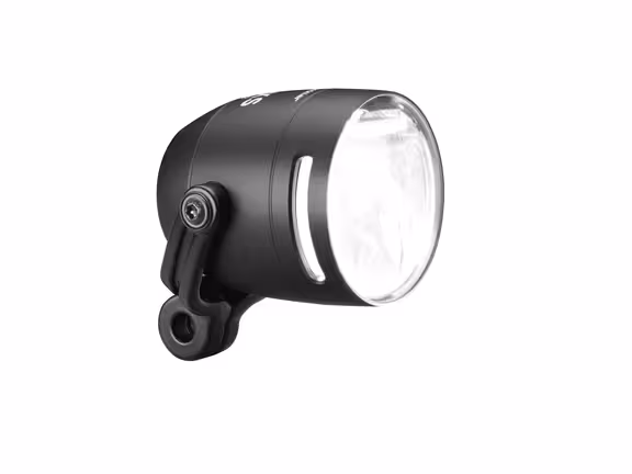 schwarze Fahrradlampe vor weißem Hintergrund